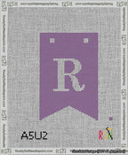 A taped needlepoint canvas with the design: Banner 13 mesh count Forked R White on Purple.