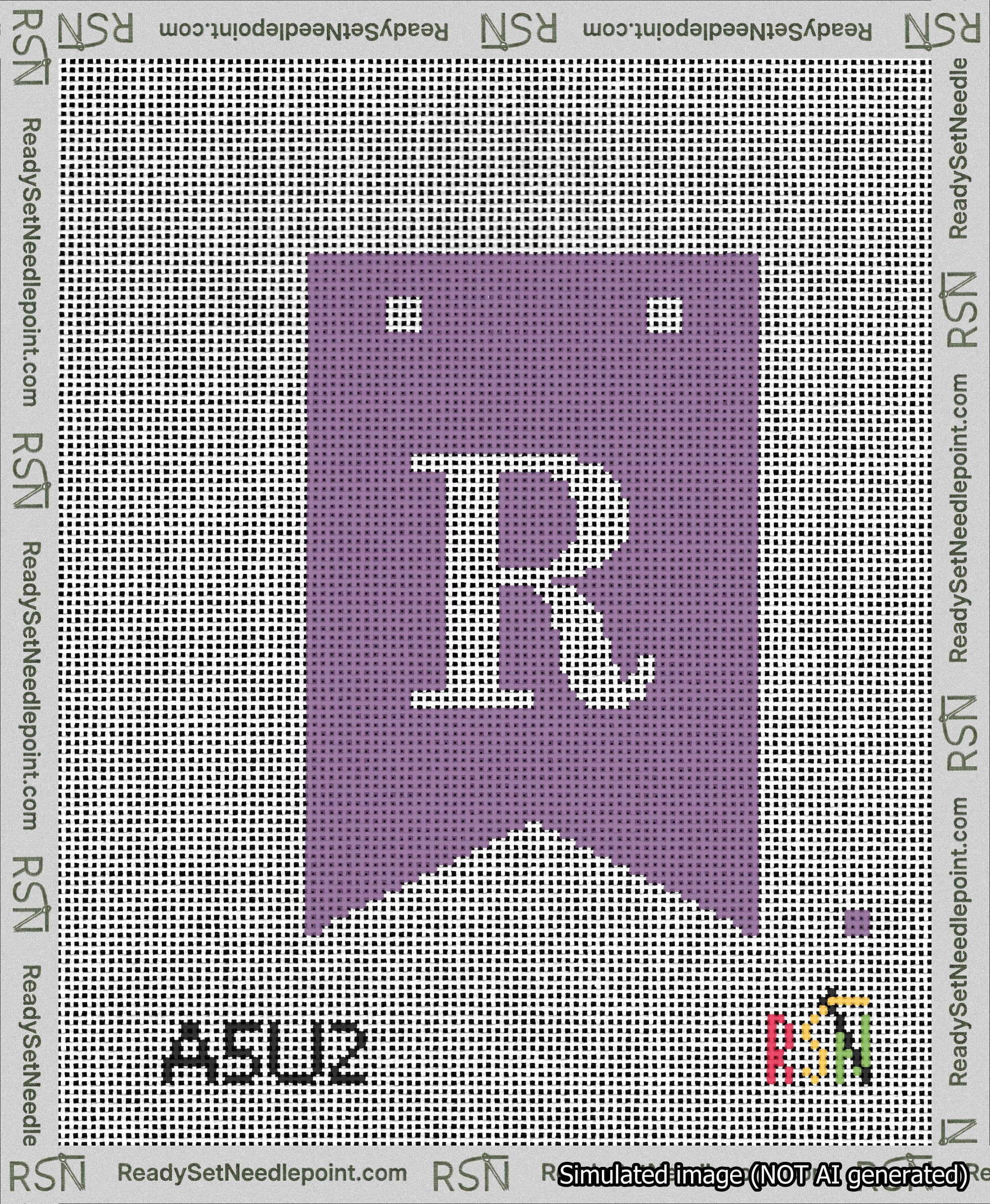 A taped needlepoint canvas with the design: Banner 13 mesh count Forked R White on Purple.