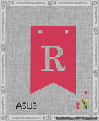 A taped needlepoint canvas with the design: Banner 13 mesh count Forked R White on Red.