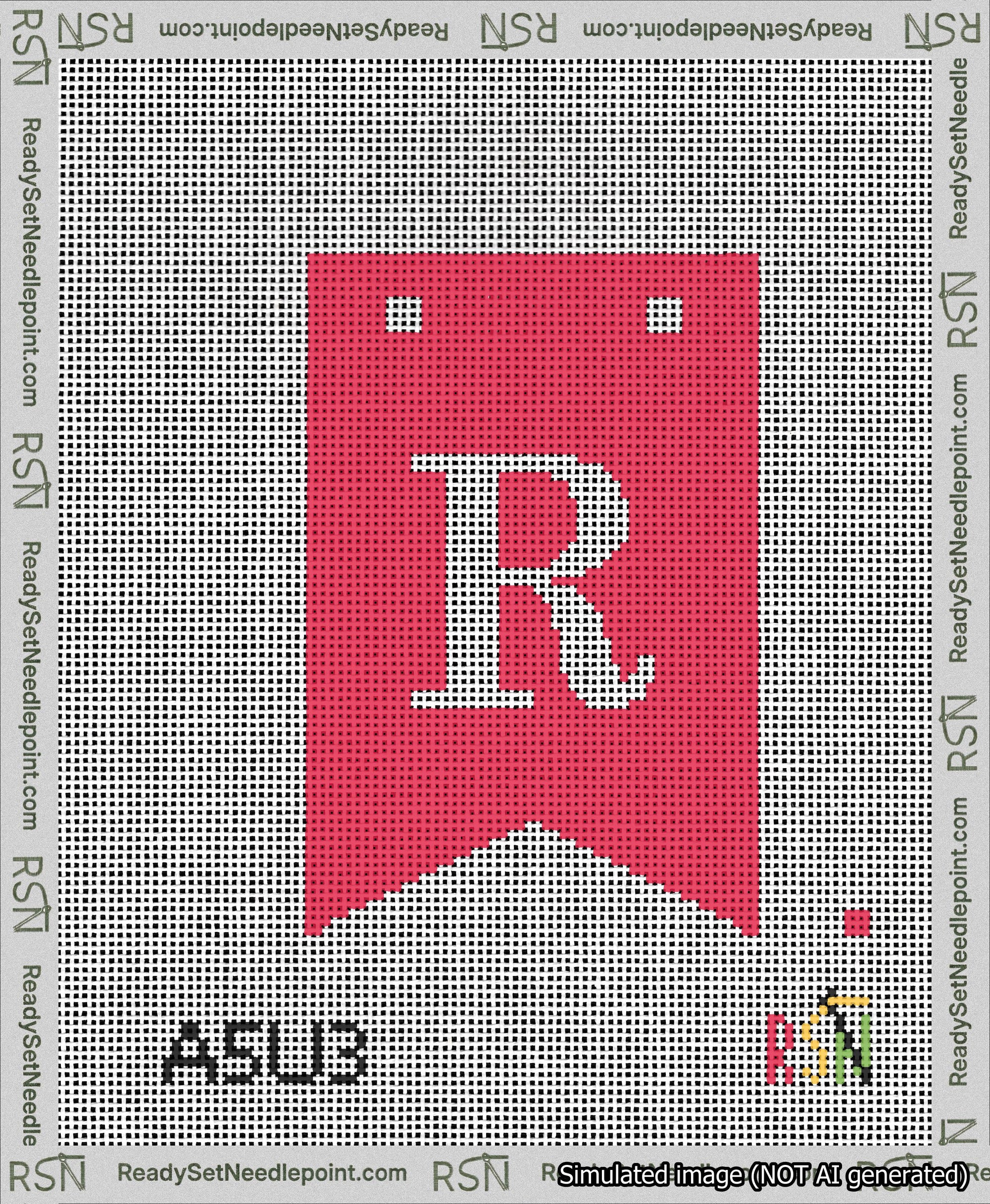 A taped needlepoint canvas with the design: Banner 13 mesh count Forked R White on Red.