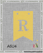 A taped needlepoint canvas with the design: Banner 13 mesh count Forked R White on Yellow.