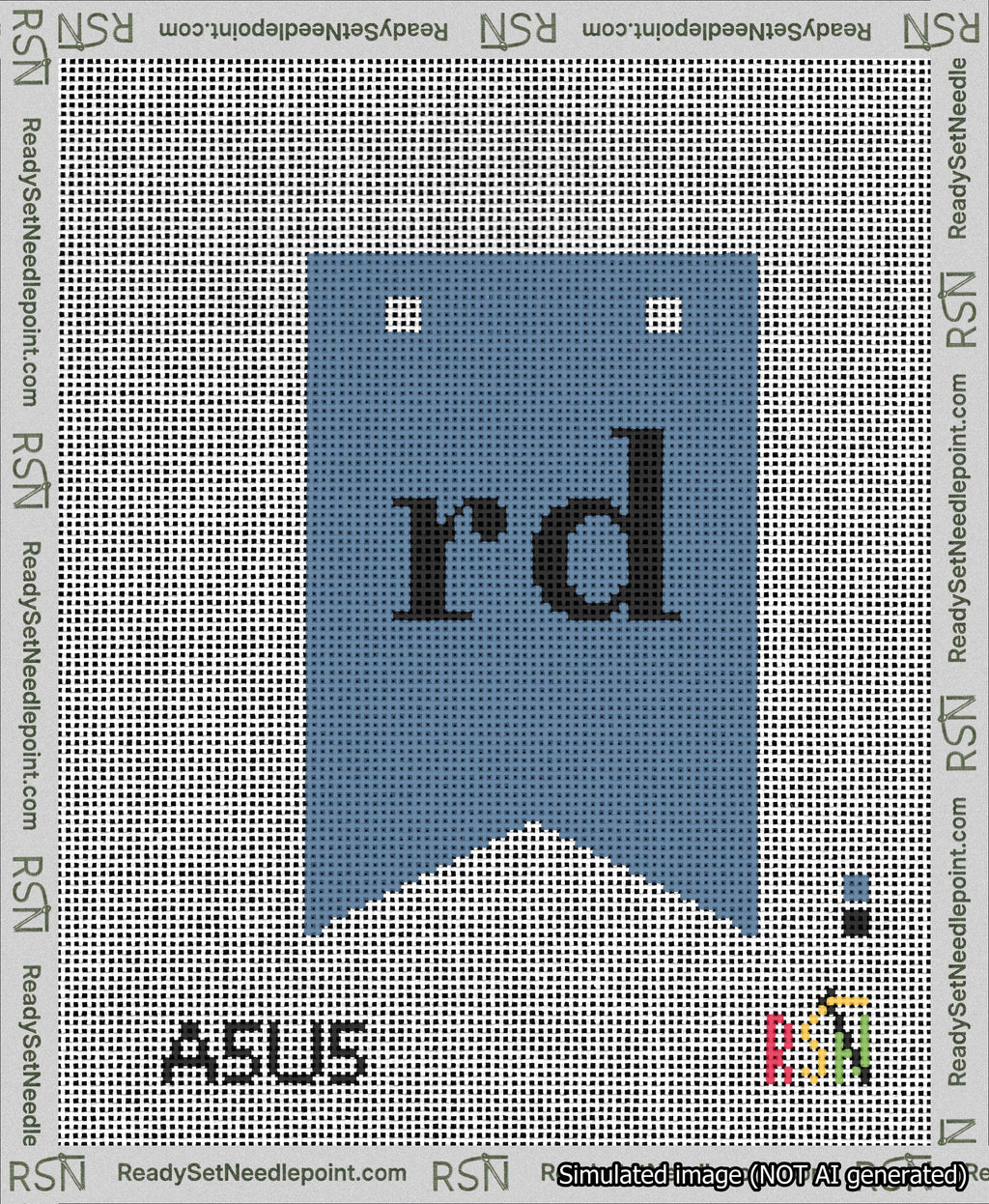 A taped needlepoint canvas with the design: Banner 13 mesh count Forked rd Black on Blue.