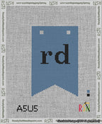 A taped needlepoint canvas with the design: Banner 13 mesh count Forked rd Black on Blue.