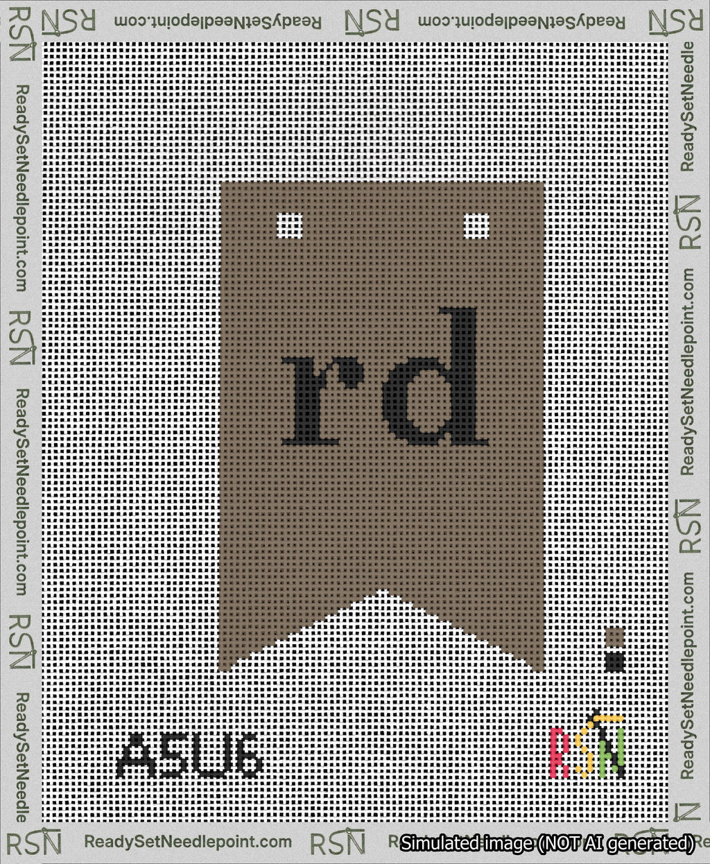 A taped needlepoint canvas with the design: Banner 13 mesh count Forked rd Black on Brown.