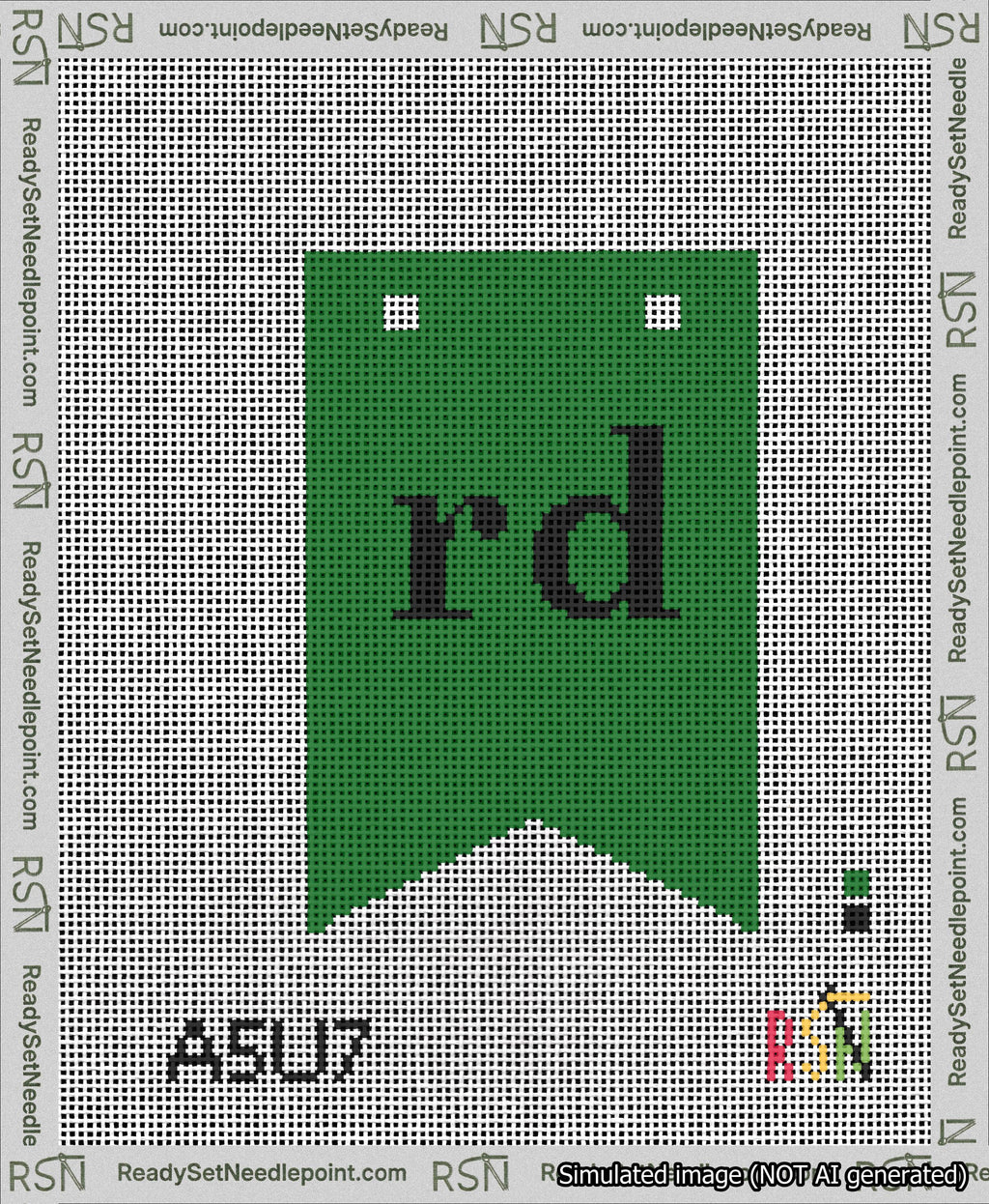 A taped needlepoint canvas with the design: Banner 13 mesh count Forked rd Black on Green.