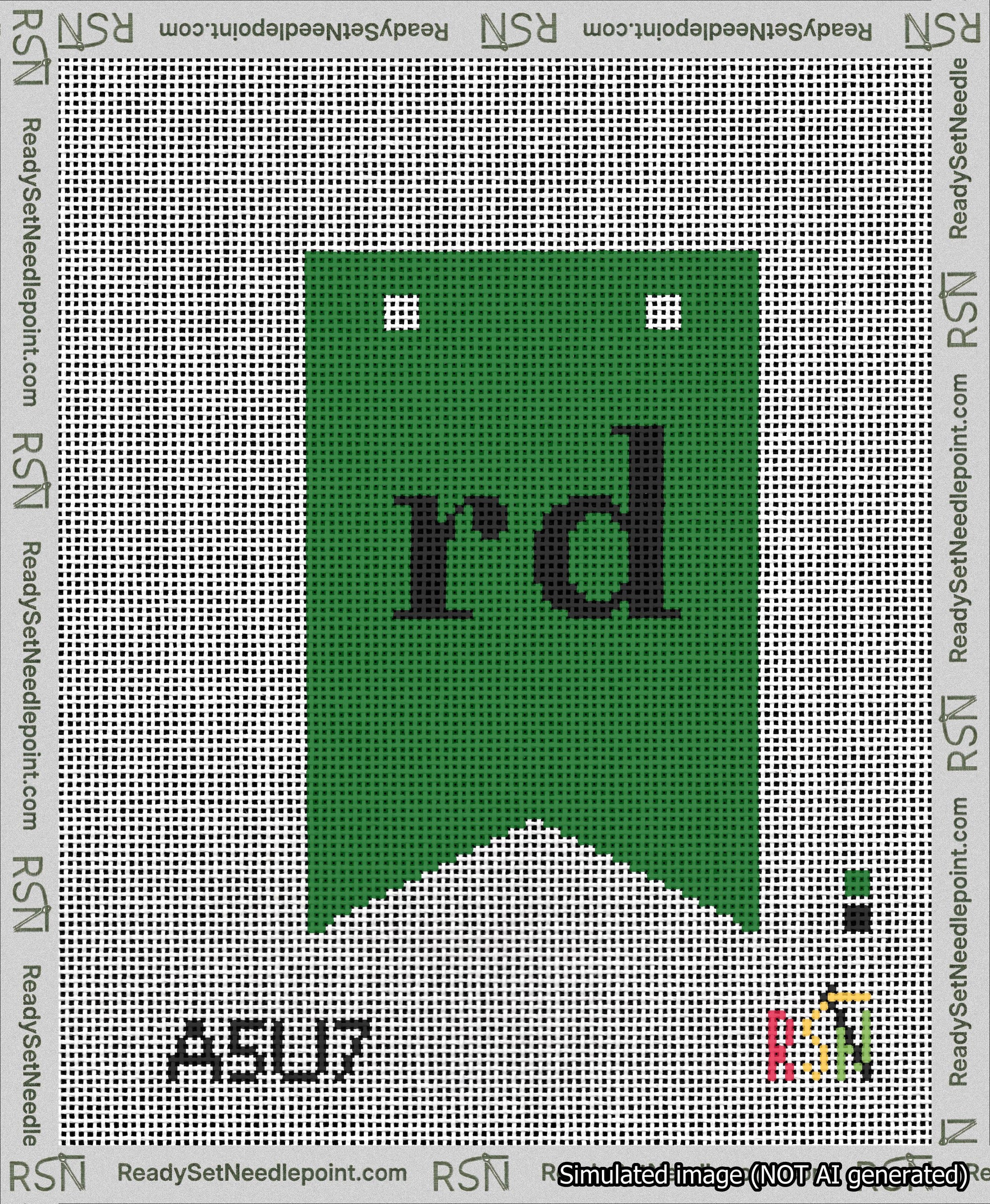 A taped needlepoint canvas with the design: Banner 13 mesh count Forked rd Black on Green.