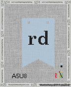 A taped needlepoint canvas with the design: Banner 13 mesh count Forked rd Black on Light Blue.