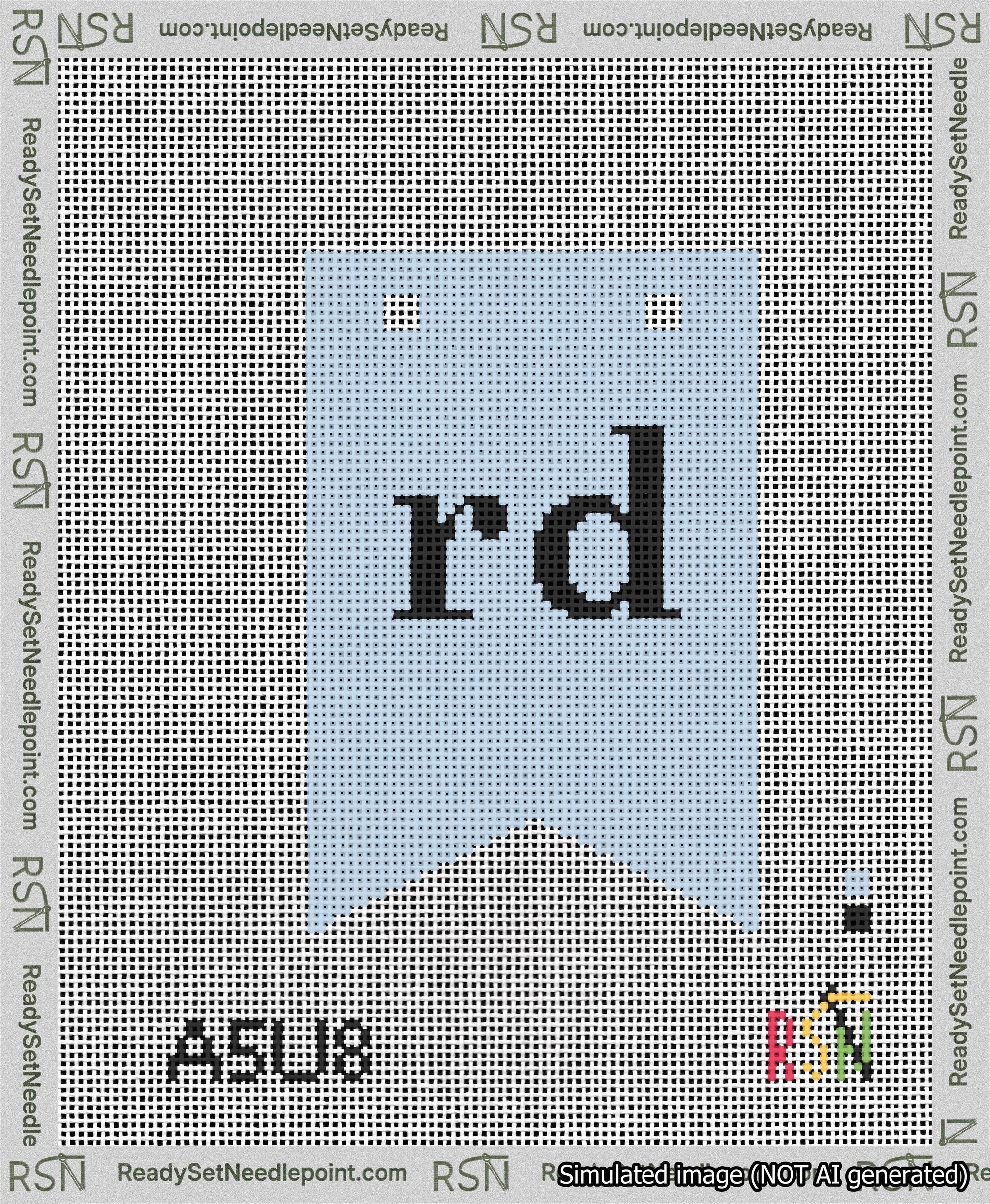 A taped needlepoint canvas with the design: Banner 13 mesh count Forked rd Black on Light Blue.