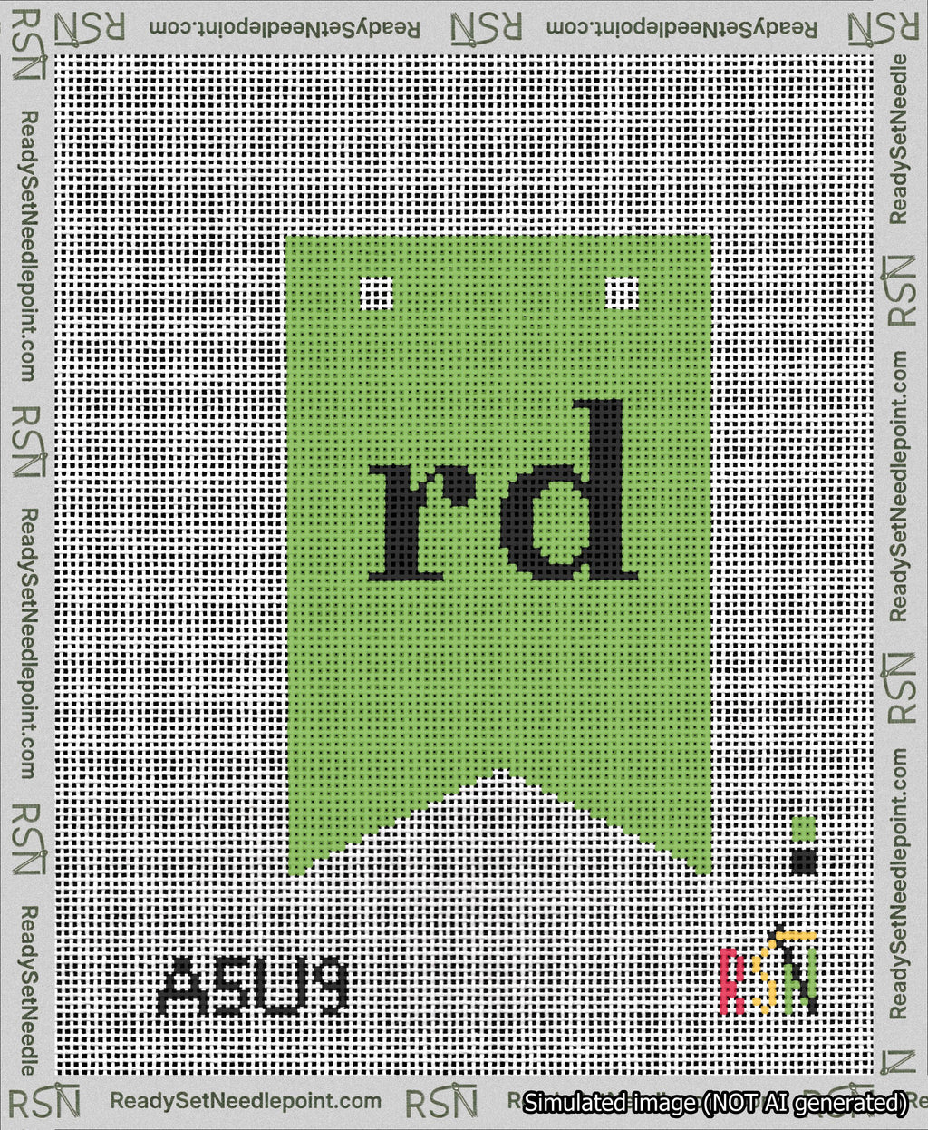 A taped needlepoint canvas with the design: Banner 13 mesh count Forked rd Black on Light Green.