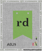 A taped needlepoint canvas with the design: Banner 13 mesh count Forked rd Black on Light Green.