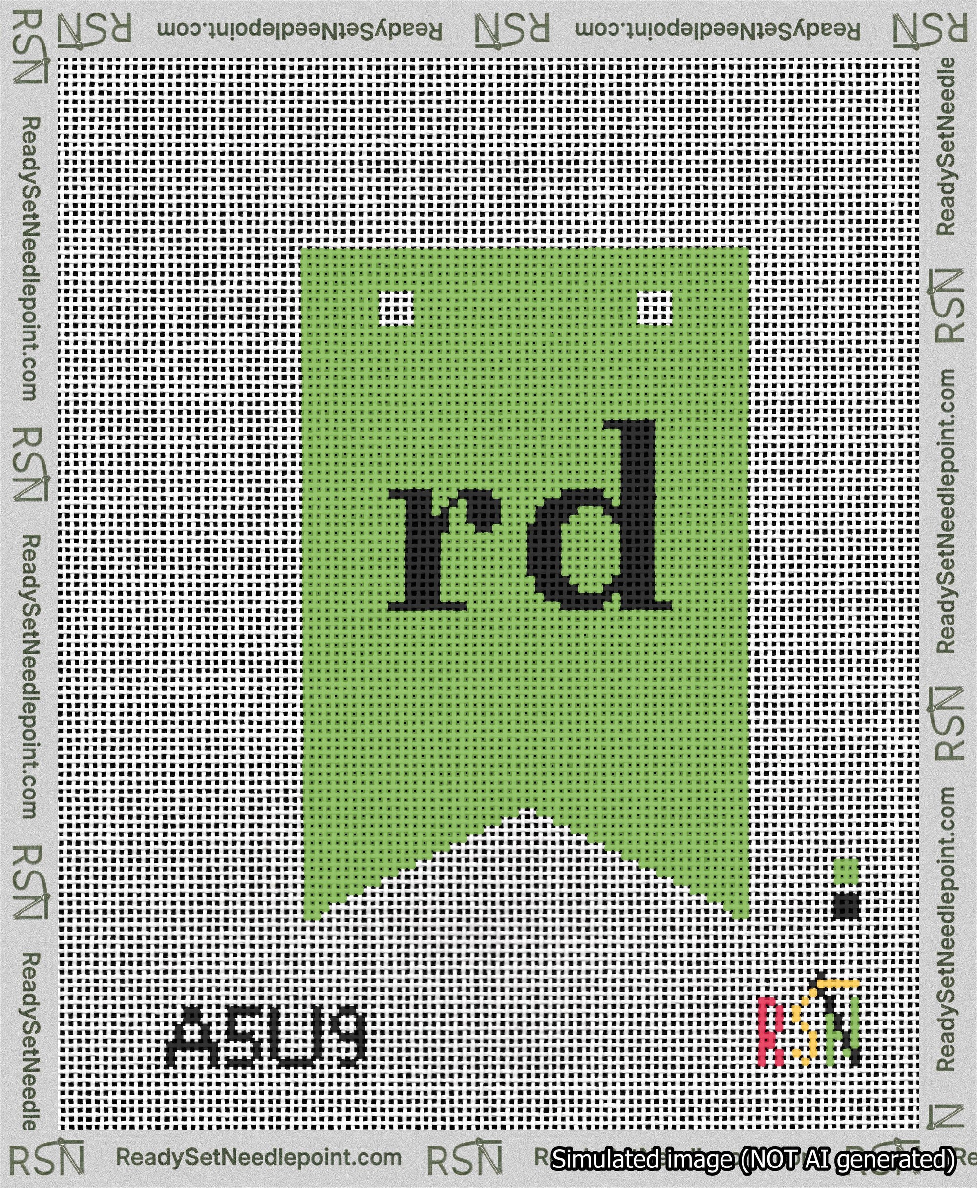 A taped needlepoint canvas with the design: Banner 13 mesh count Forked rd Black on Light Green.