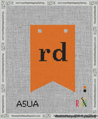 A taped needlepoint canvas with the design: Banner 13 mesh count Forked rd Black on Orange.