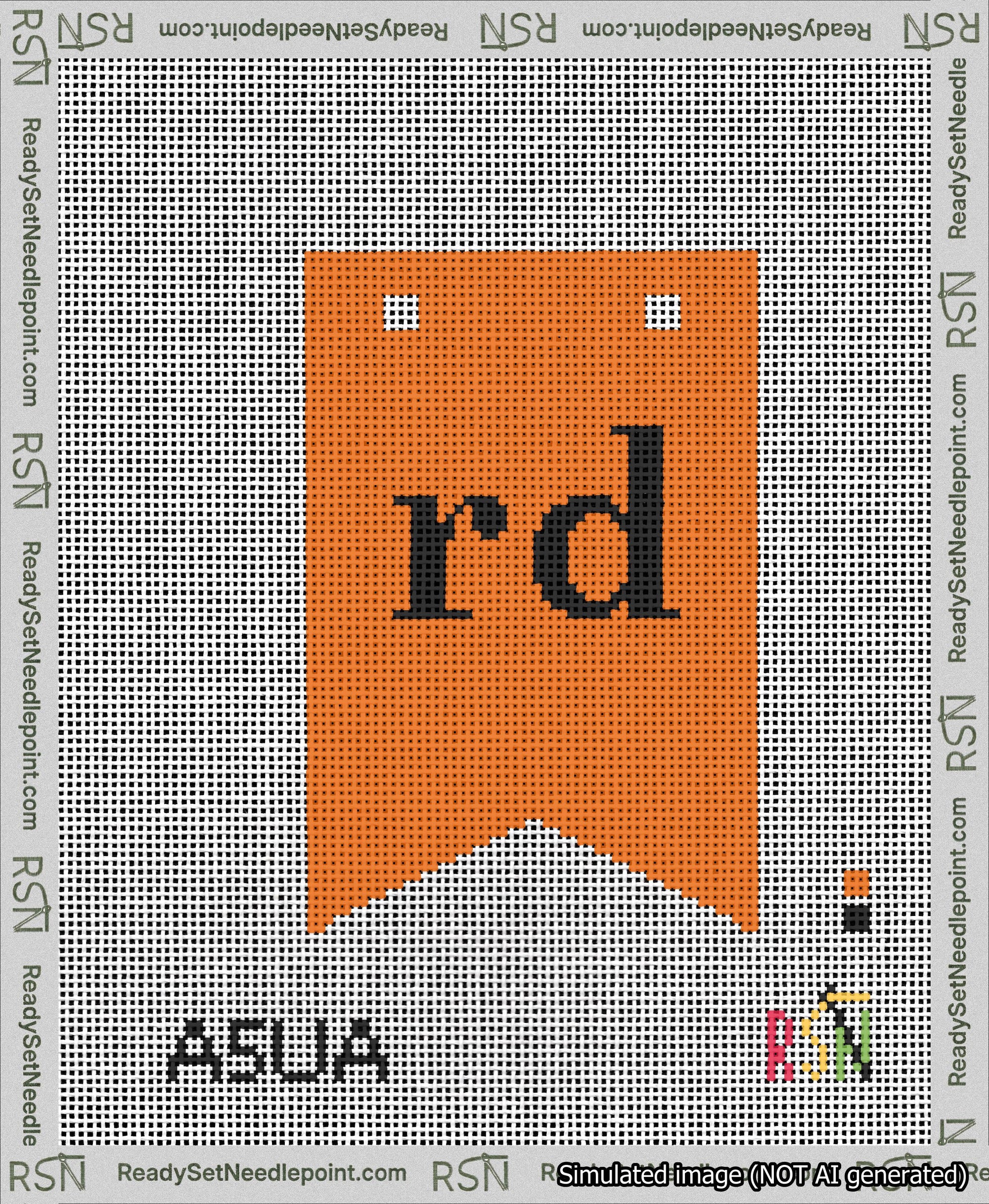 A taped needlepoint canvas with the design: Banner 13 mesh count Forked rd Black on Orange.