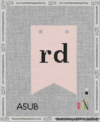A taped needlepoint canvas with the design: Banner 13 mesh count Forked rd Black on Pink.