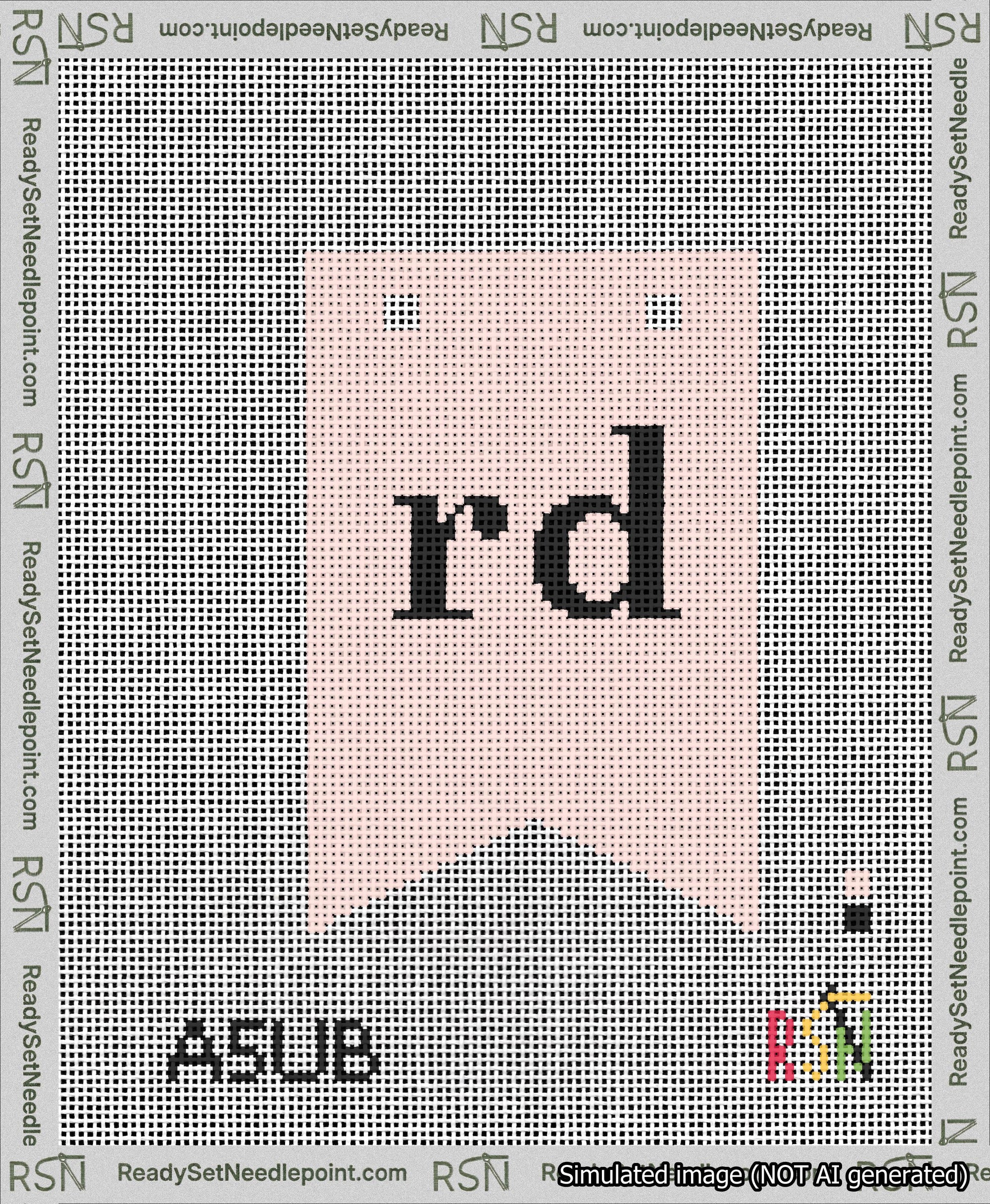 A taped needlepoint canvas with the design: Banner 13 mesh count Forked rd Black on Pink.