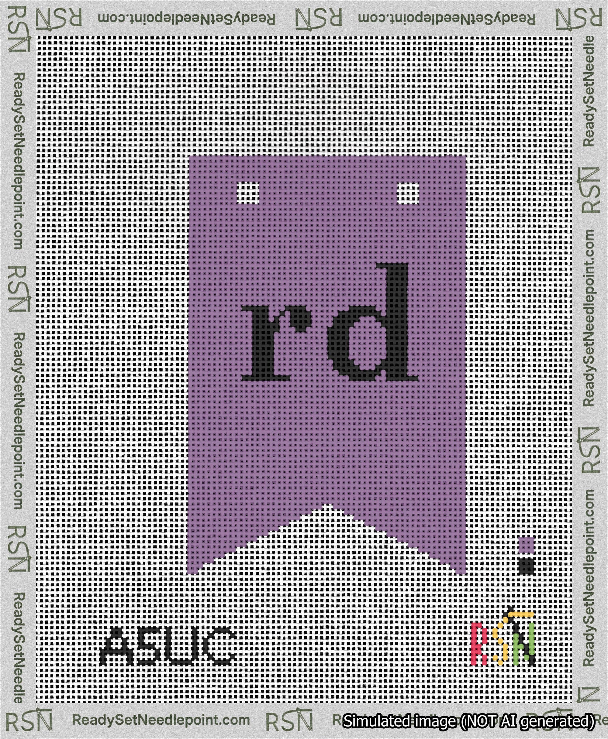 A taped needlepoint canvas with the design: Banner 13 mesh count Forked rd Black on Purple.