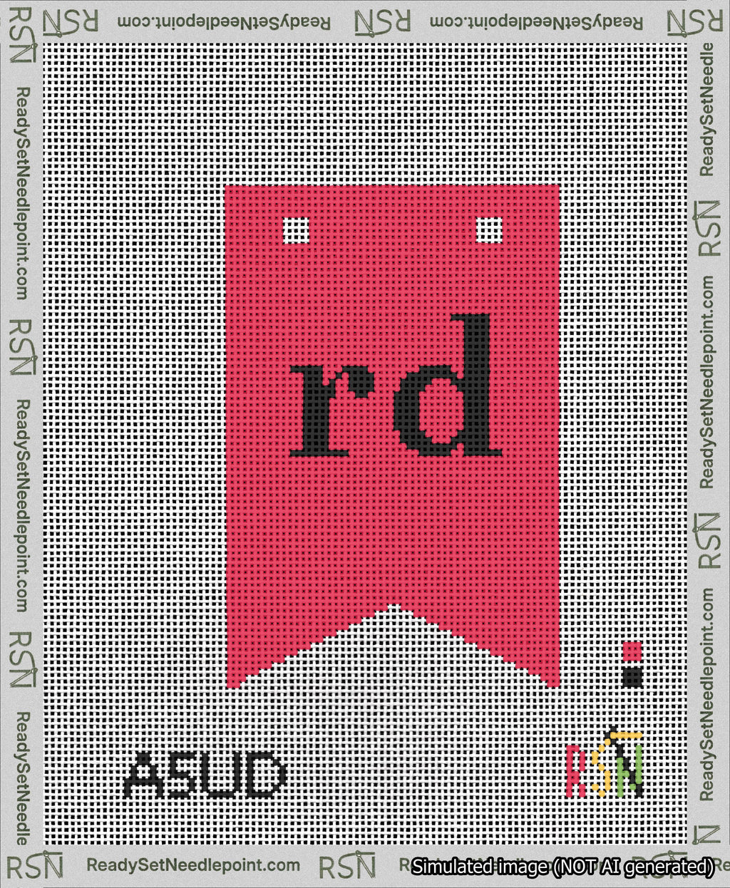 A taped needlepoint canvas with the design: Banner 13 mesh count Forked rd Black on Red.