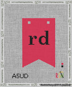 A taped needlepoint canvas with the design: Banner 13 mesh count Forked rd Black on Red.
