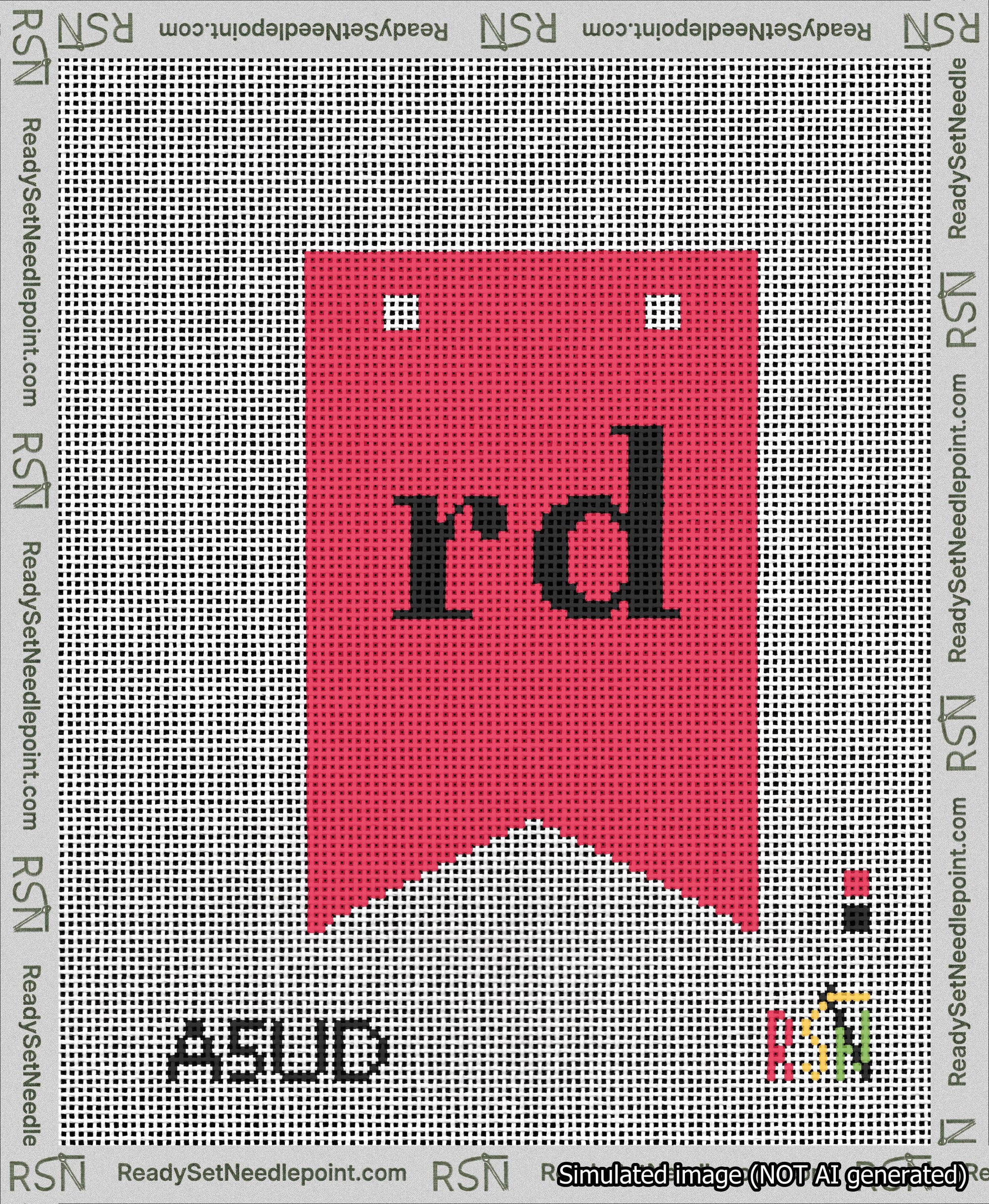 A taped needlepoint canvas with the design: Banner 13 mesh count Forked rd Black on Red.
