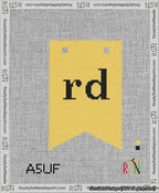A taped needlepoint canvas with the design: Banner 13 mesh count Forked rd Black on Yellow.