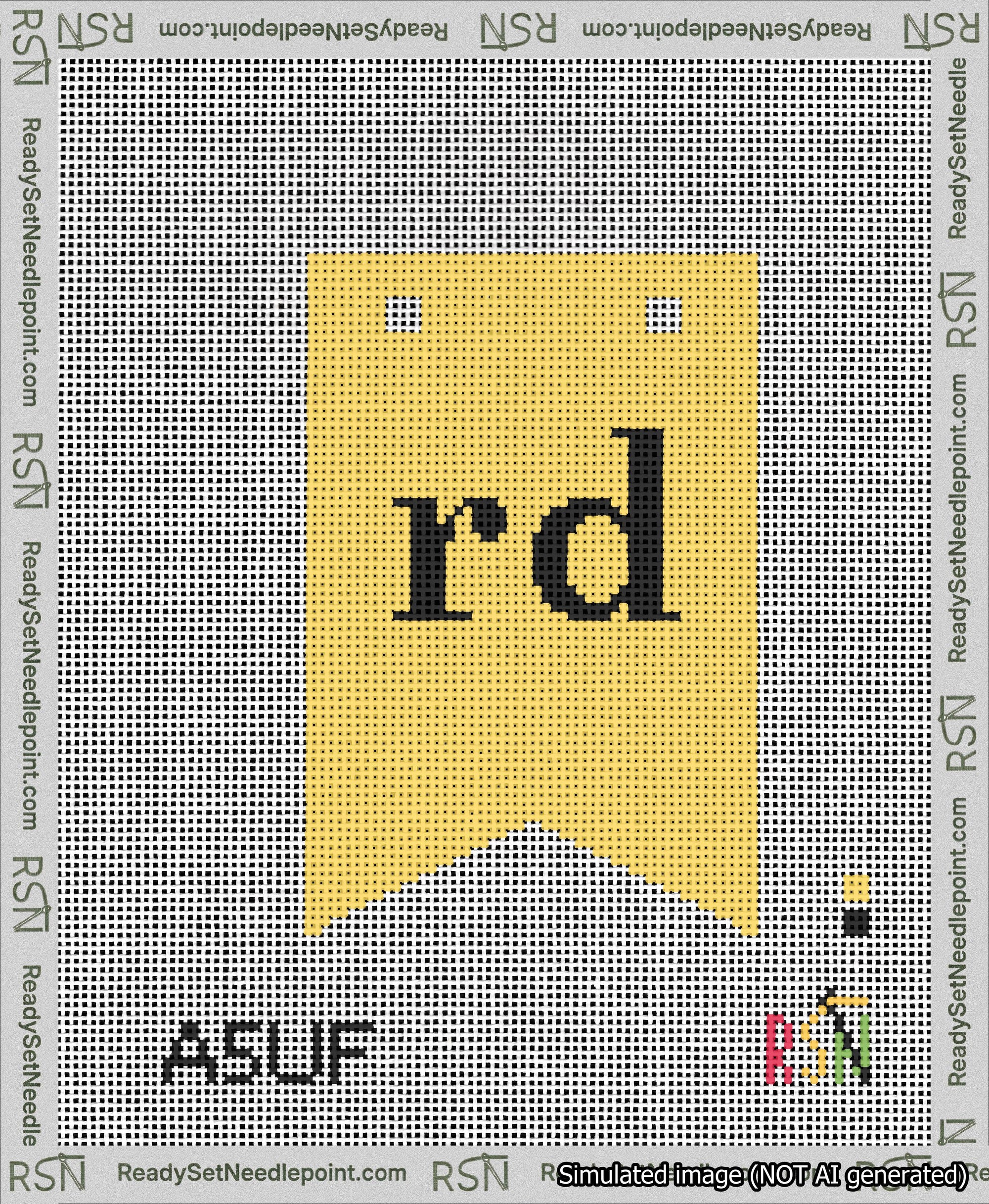 A taped needlepoint canvas with the design: Banner 13 mesh count Forked rd Black on Yellow.