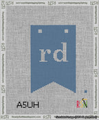 A taped needlepoint canvas with the design: Banner 13 mesh count Forked rd White on Blue.