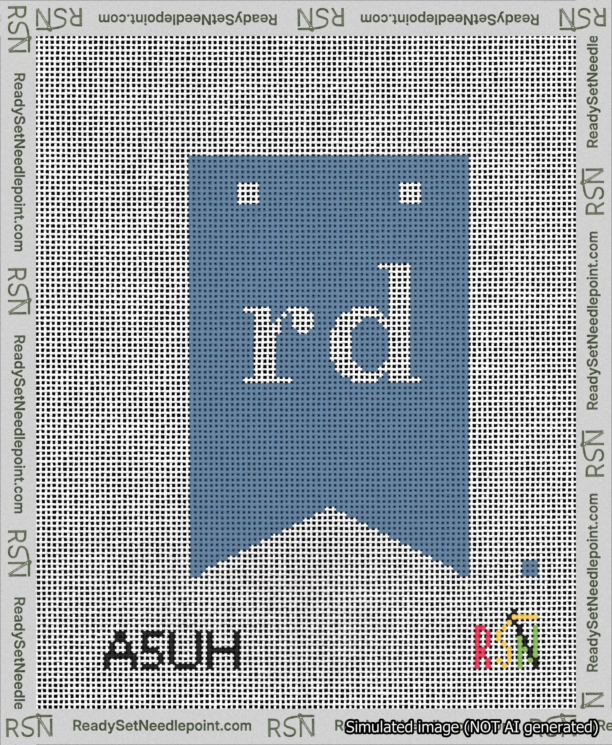 A taped needlepoint canvas with the design: Banner 13 mesh count Forked rd White on Blue.