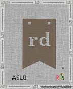 A taped needlepoint canvas with the design: Banner 13 mesh count Forked rd White on Brown.