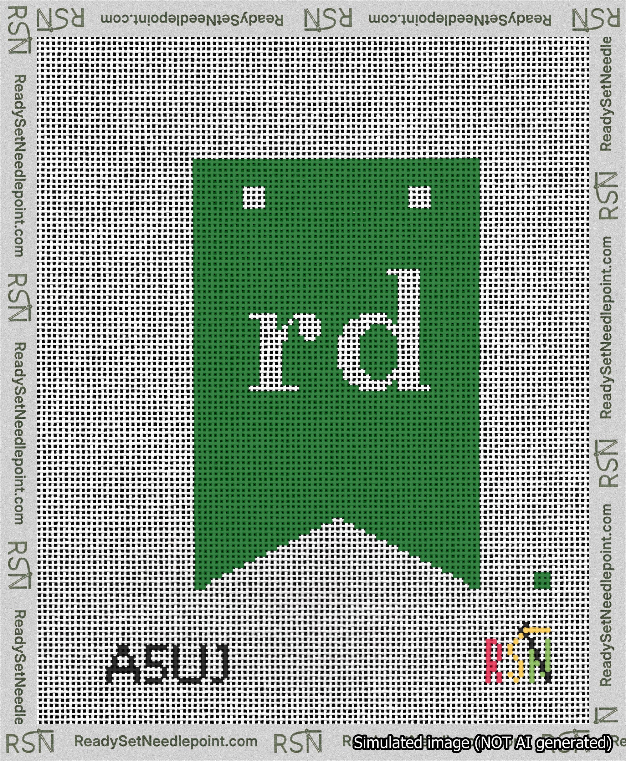 A taped needlepoint canvas with the design: Banner 13 mesh count Forked rd White on Green.