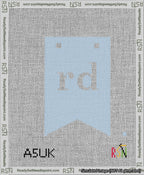 A taped needlepoint canvas with the design: Banner 13 mesh count Forked rd White on Light Blue.