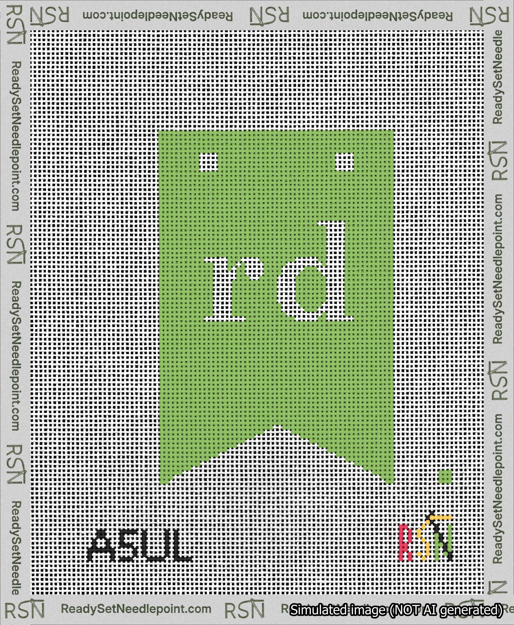 A taped needlepoint canvas with the design: Banner 13 mesh count Forked rd White on Light Green.