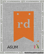 A taped needlepoint canvas with the design: Banner 13 mesh count Forked rd White on Orange.