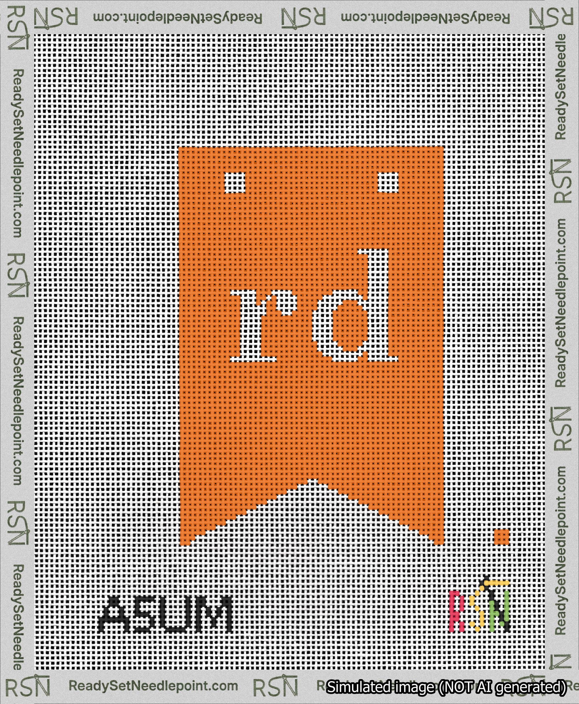 A taped needlepoint canvas with the design: Banner 13 mesh count Forked rd White on Orange.