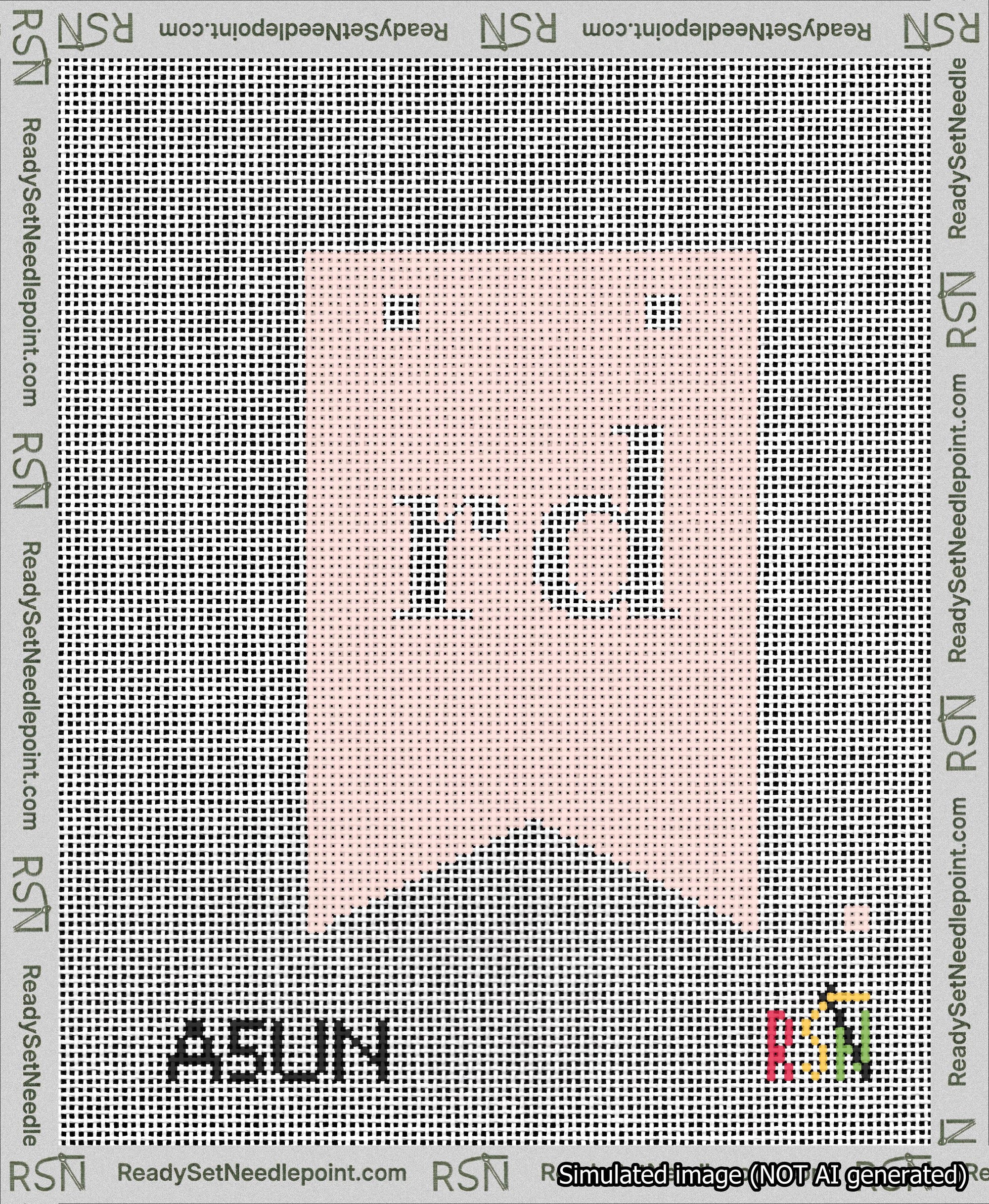 A taped needlepoint canvas with the design: Banner 13 mesh count Forked rd White on Pink.