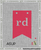 A taped needlepoint canvas with the design: Banner 13 mesh count Forked rd White on Red.