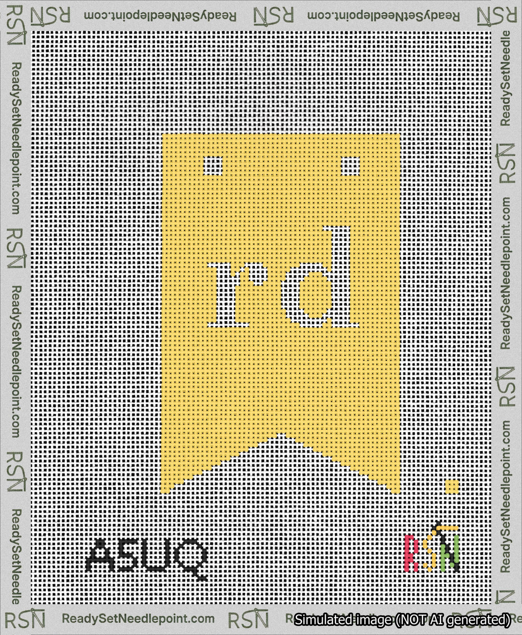 A taped needlepoint canvas with the design: Banner 13 mesh count Forked rd White on Yellow.