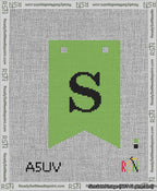 A taped needlepoint canvas with the design: Banner 13 mesh count Forked S Black on Light Green.