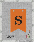 A taped needlepoint canvas with the design: Banner 13 mesh count Forked S Black on Orange.