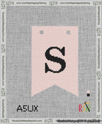 A taped needlepoint canvas with the design: Banner 13 mesh count Forked S Black on Pink.