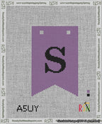 A taped needlepoint canvas with the design: Banner 13 mesh count Forked S Black on Purple.
