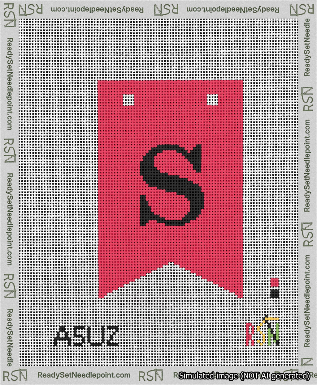A taped needlepoint canvas with the design: Banner 13 mesh count Forked S Black on Red.