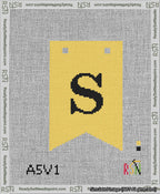 A taped needlepoint canvas with the design: Banner 13 mesh count Forked S Black on Yellow.