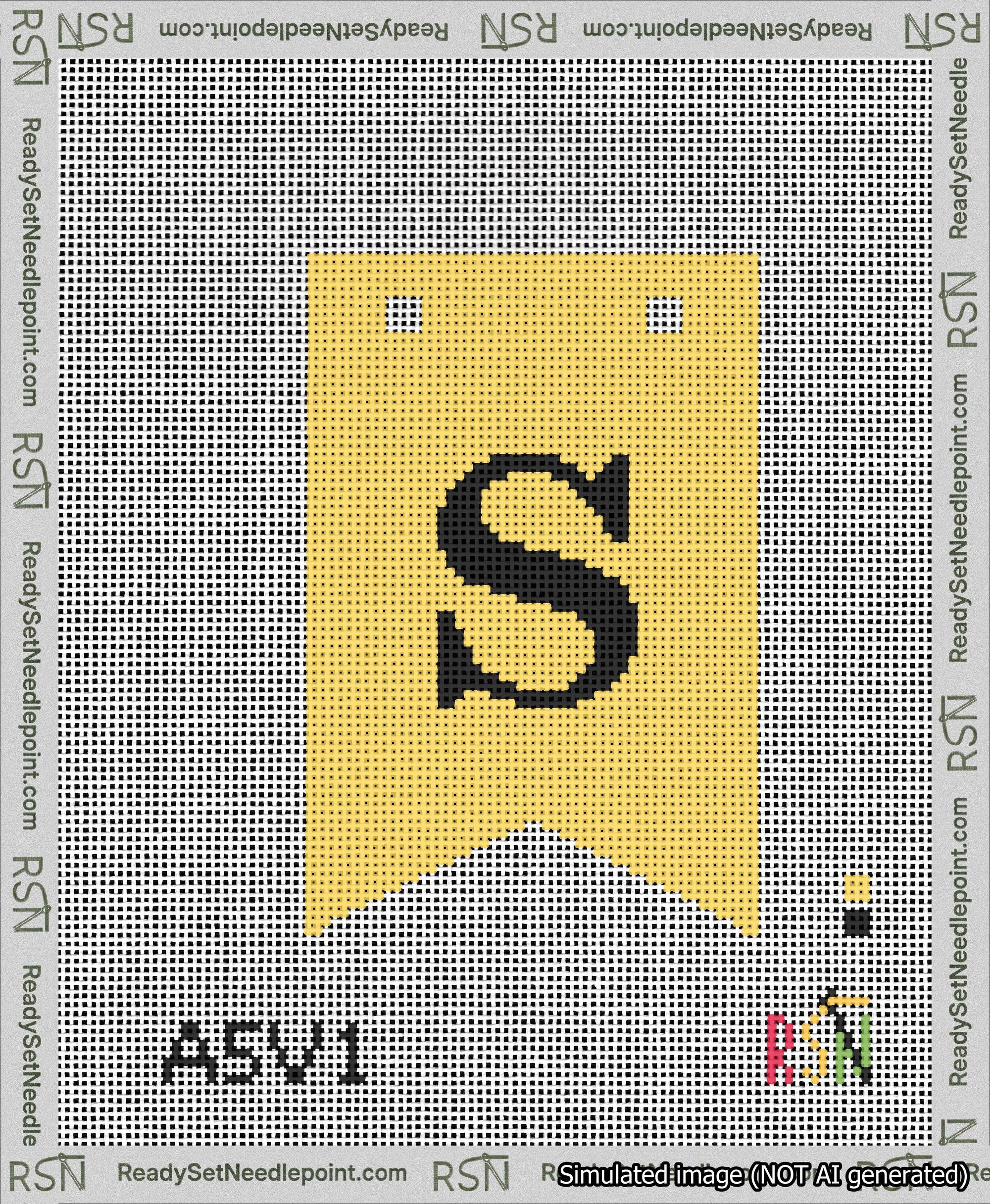 A taped needlepoint canvas with the design: Banner 13 mesh count Forked S Black on Yellow.