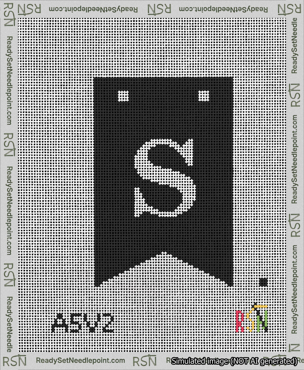 A taped needlepoint canvas with the design: Banner 13 mesh count Forked S White on Black.