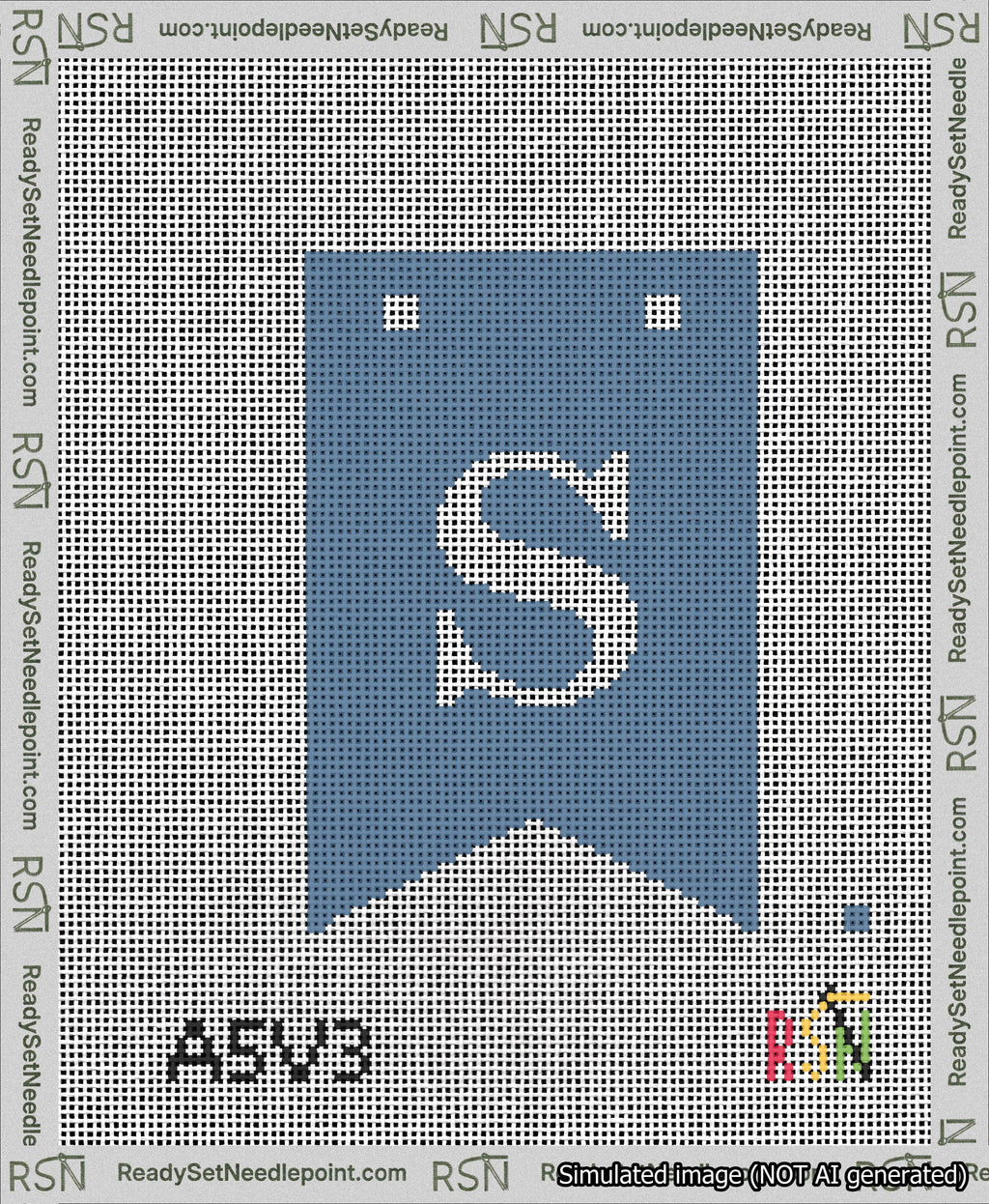 A taped needlepoint canvas with the design: Banner 13 mesh count Forked S White on Blue.