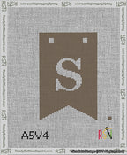 A taped needlepoint canvas with the design: Banner 13 mesh count Forked S White on Brown.