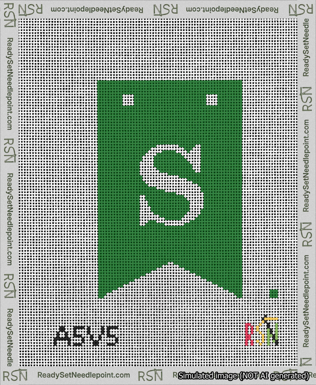 A taped needlepoint canvas with the design: Banner 13 mesh count Forked S White on Green.