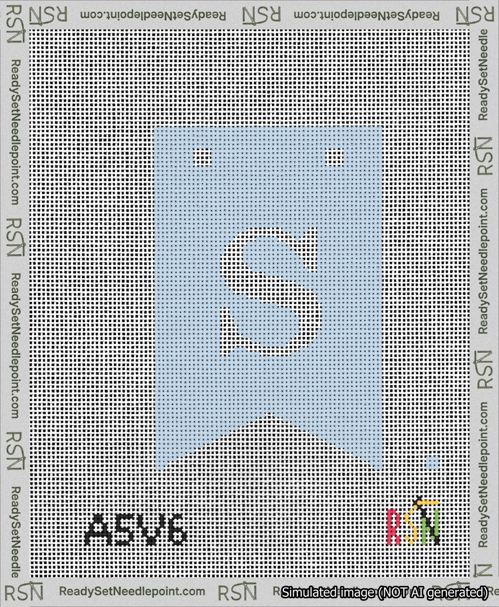 A taped needlepoint canvas with the design: Banner 13 mesh count Forked S White on Light Blue.
