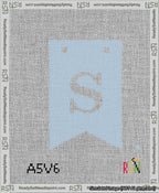 A taped needlepoint canvas with the design: Banner 13 mesh count Forked S White on Light Blue.