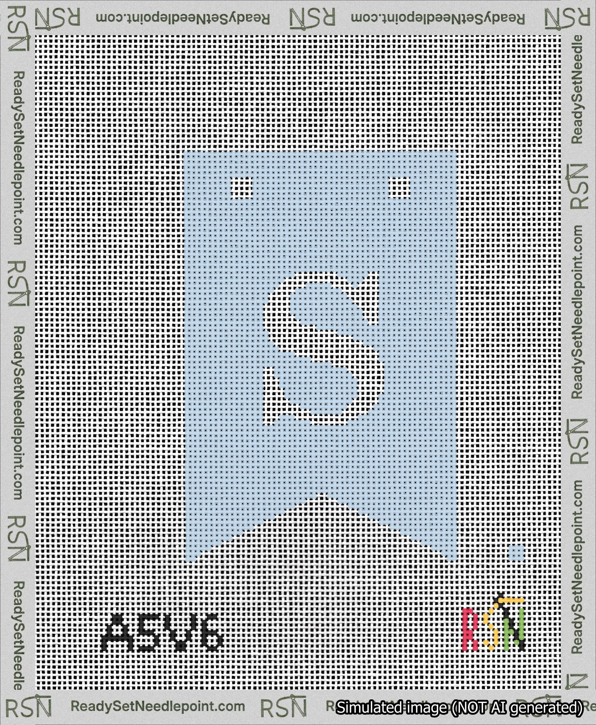 A taped needlepoint canvas with the design: Banner 13 mesh count Forked S White on Light Blue.